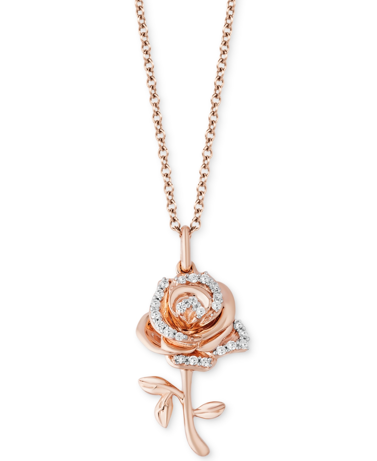Enchanted Disney Fine Jewelry Enchanted Disney Diamond Rose Belle Pendant Necklace (1/10 ct. t.w.) in 14k Rose Gold, 16" + 2" extender