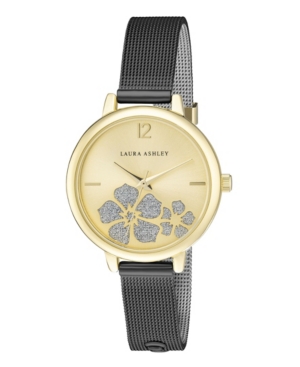 image of Laura Ashley Women-s Sunray Floral Stone Dial Black Alloy Bracelet Watch 34mm