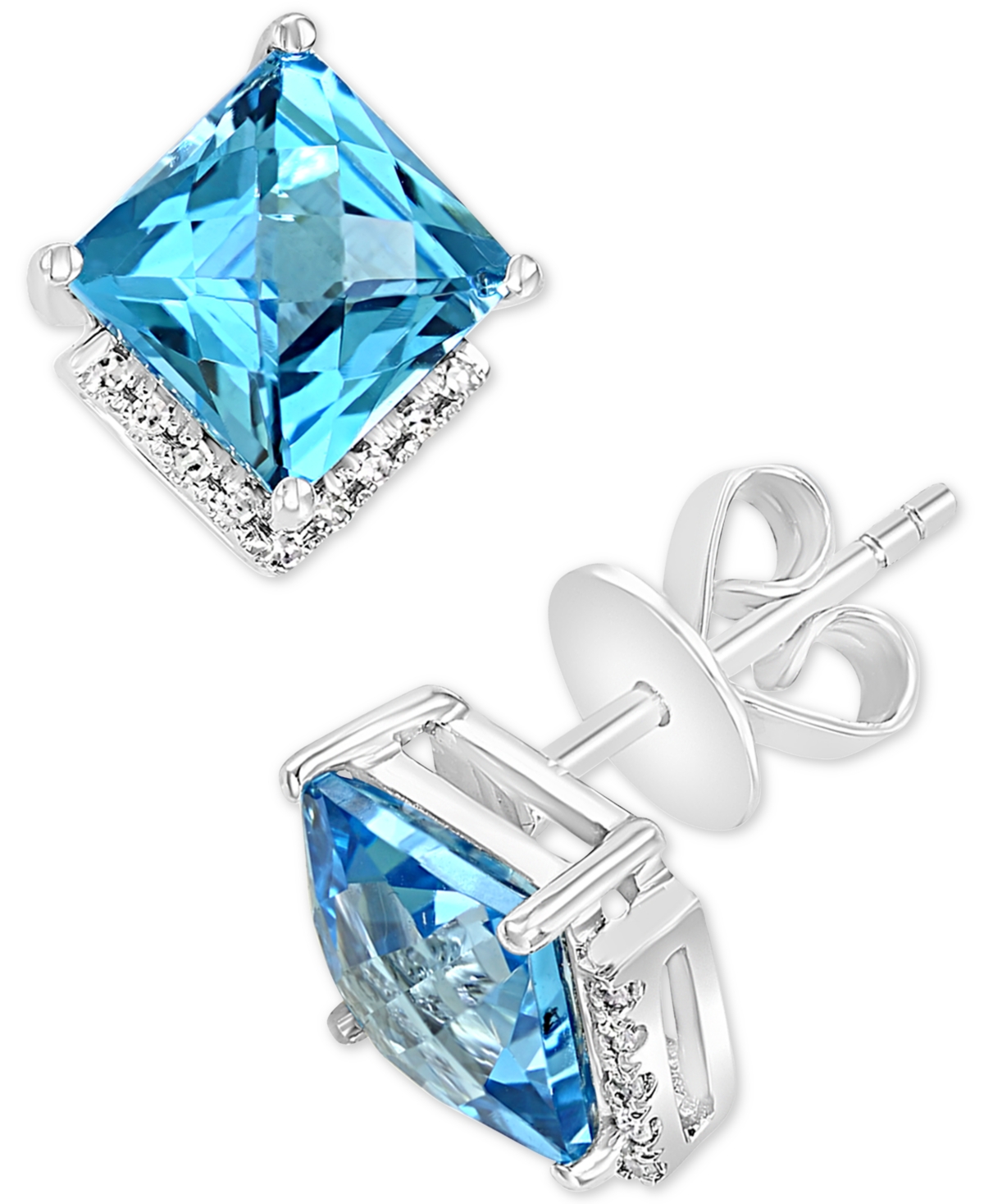 Swiss Blue Topaz (4-7/8 ct. t.w.) & Diamond (1/20 ct. t.w.) Square Stud Earrings in 14k White Gold - BLUE TOPAZ