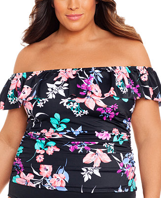 Swim Solutions Plus Size Printed Ruffled Off-The-Shoulder Tankini Top ...
