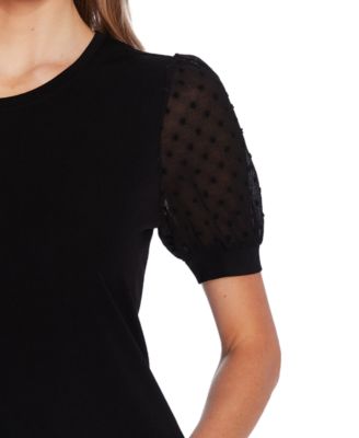 CeCe Women's Short Puff Sleeve Mixed Media Knit Top - Macy's