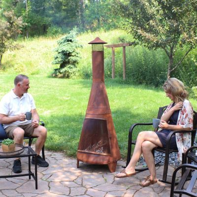 Outdoor Backyard Large Freestanding Oxidized Steel Wood-Burning Fire Pit Chiminea - 70" - Rust Finish