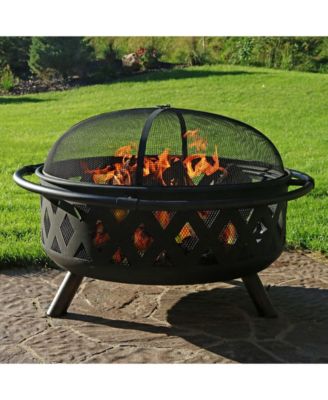 Outdoor Camping or Backyard Crossweave Cut Out Fire Pit with Spark Screen and Log Poker