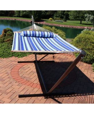 Outdoor 2-Person Quilted Fabric Hammock with Spreader Bars and Freestanding Stand