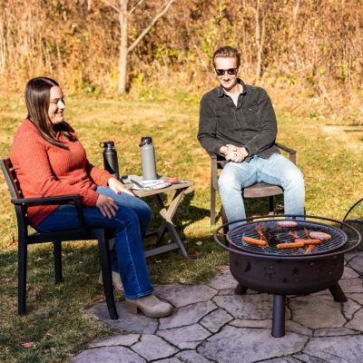 Outdoor Camping or Backyard Round Cosmic Stars and Moons Fire Pit with Cooking Grill Grate, Spark Screen, and Log Poker - 30"