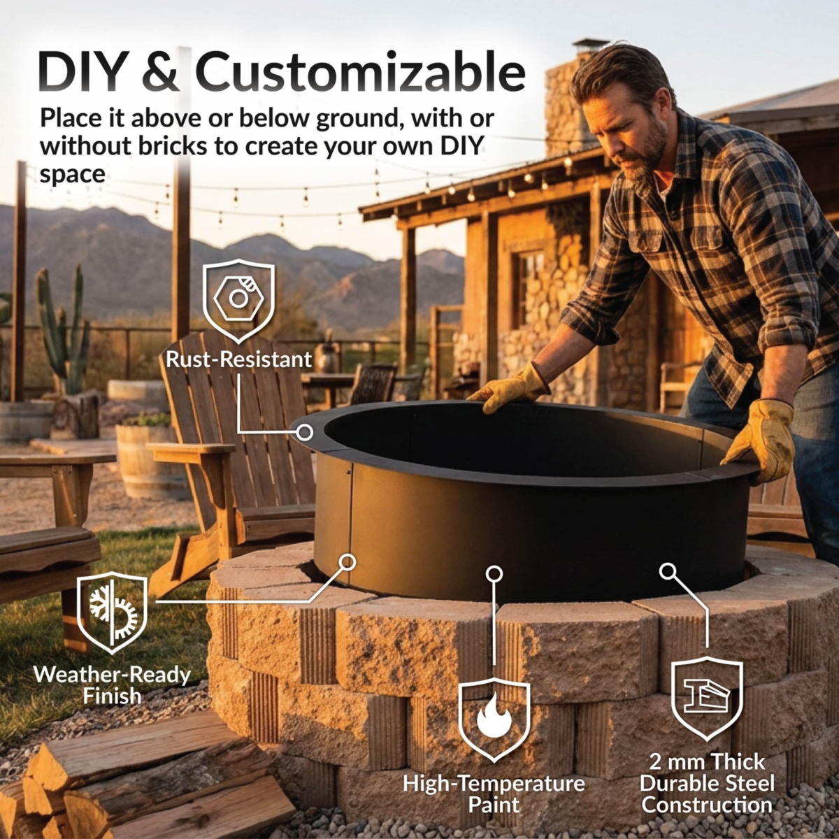 Outdoor Heavy-Duty Steel Portable Above Ground or In-Ground Round Fire Pit Liner Ring