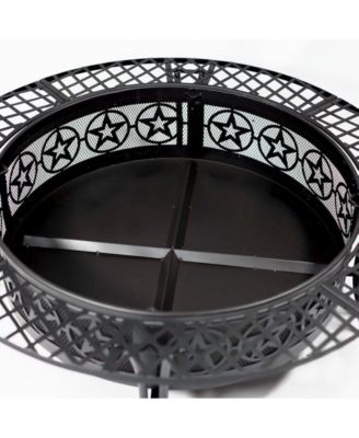 Outdoor Camping or Backyard Steel Round Four Star Fire Pit Table with Spark Screen - 40" - Black