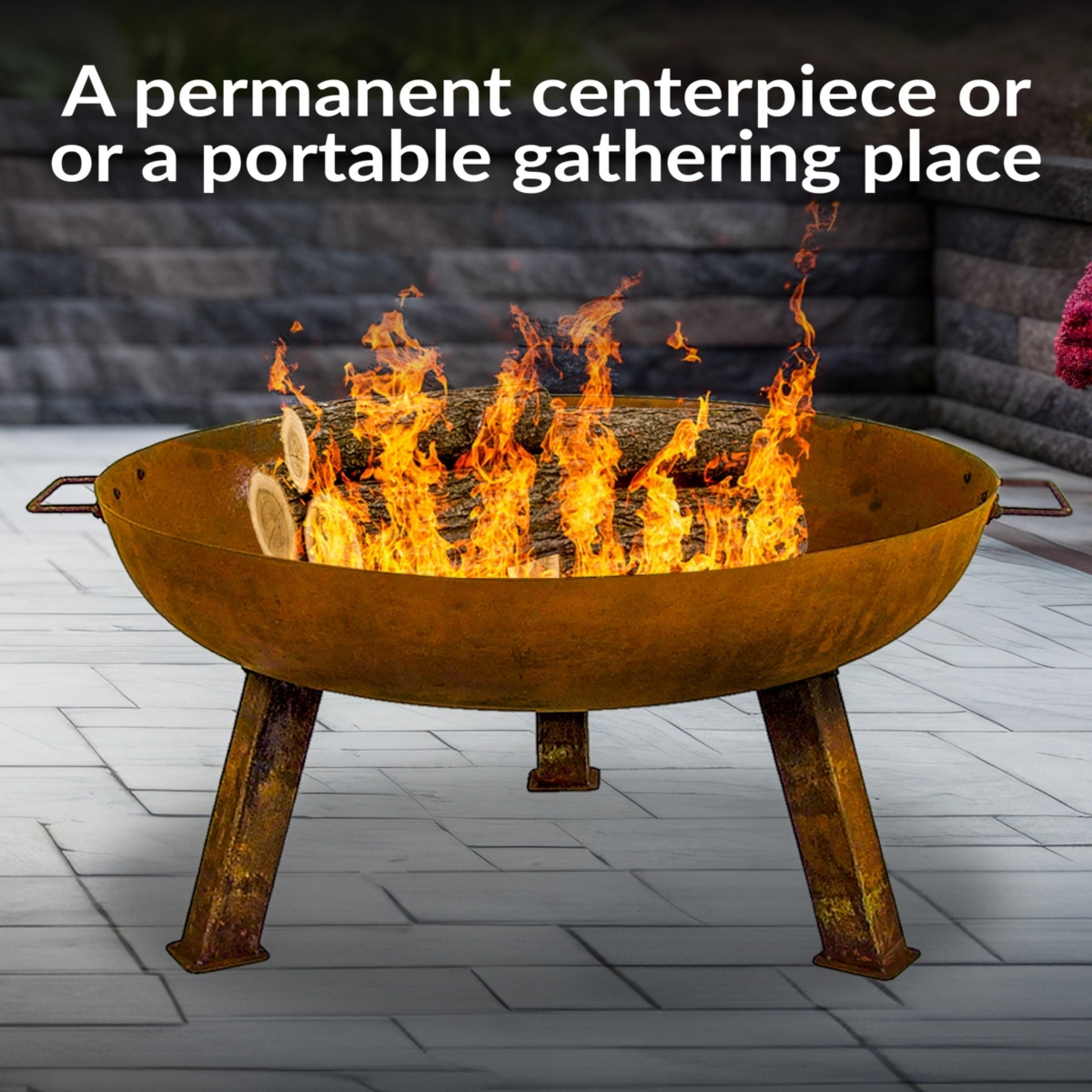 Outdoor Camping or Backyard Round Cast Iron Rustic Fire Pit Bowl with Handles