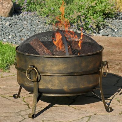 Outdoor Camping or Backyard Round Cauldron Fire Pit with Spark Screen, Log Poker, and Metal Wood Grate