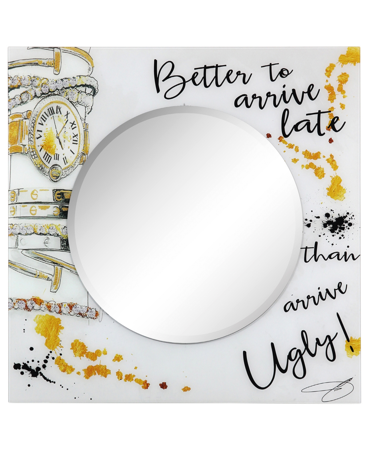 Ugly never Round Beveled Wall Mirror on Square Free Floating Reverse Printed Tempered Art Glass, 36" x 36" x 0.4" - Multi