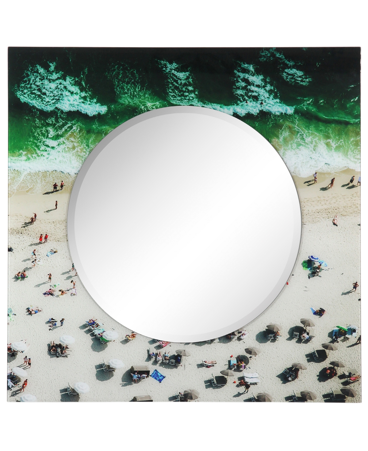 Beach Round Beveled Wall Mirror on Square Free Floating Reverse Printed Tempered Art Glass, 36" x 36" x 0.4" - Multi