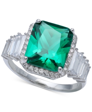 image of Green Cubic Zirconia Emerald Cut, Baguette, & Pave Ring (7-7/8 ct. t.w.) in Sterling Silver