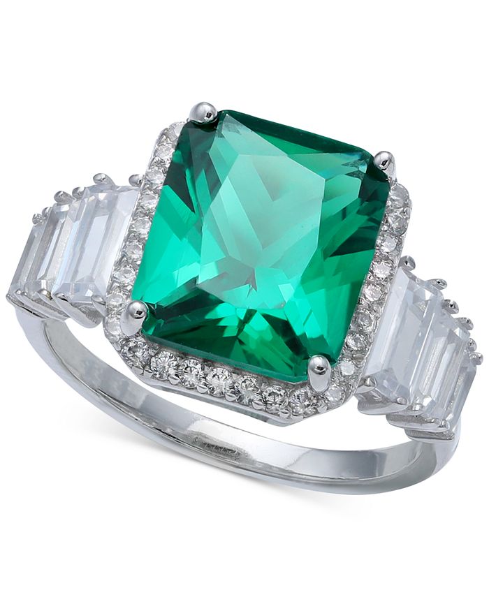 925 Silver 19.76 Carat Columbian Cushion Shaped Emerald & CZ Engagement Ring 