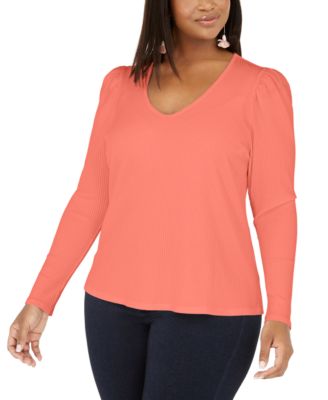 INC International Concepts - Plus Size Ribbed-Knit Puff-Sleeve Top
