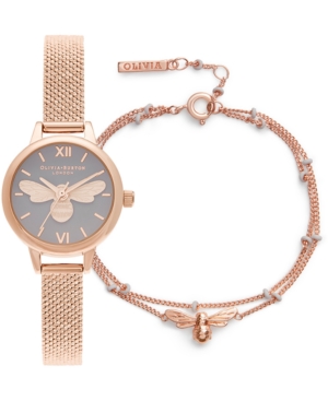 image of Olivia Burton Women-s Mini Lucky Bee Rose Gold-Tone Stainless Steel Mesh Bracelet Watch 23mm Gift Set