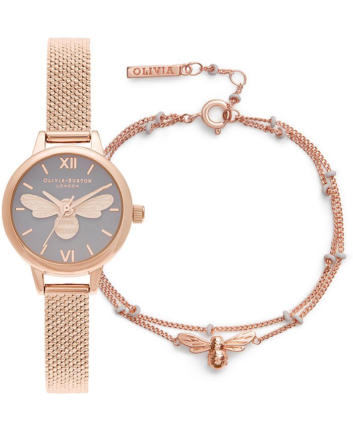 Women's Mini Lucky Bee Rose Gold-Tone Stainless Steel Mesh Bracelet Watch  23mm Gift Set