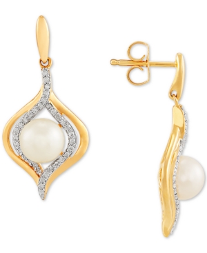 image of Cultured Freshwater Pearl (6-1/2mm) & Diamond (1/5 ct. t.w.) Drop Earrings in 14k Gold