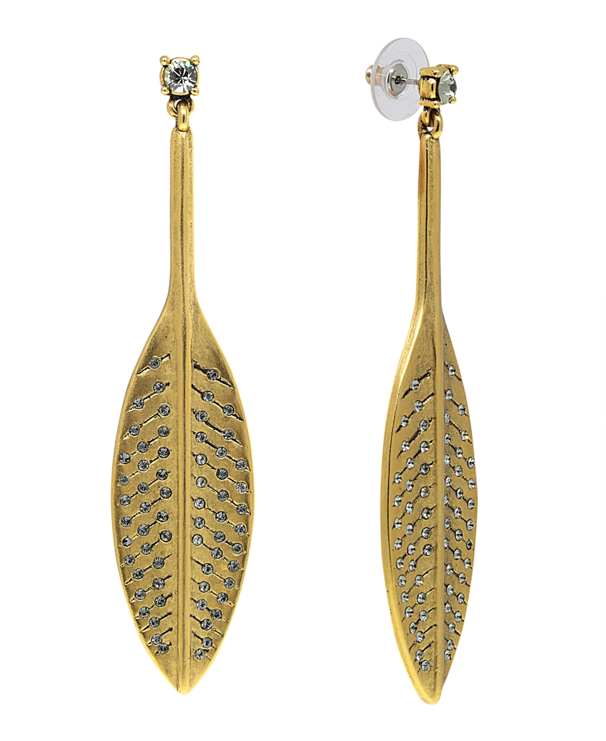 T.r.u. by 1928 14 K Gold Dipped Feather Hand Set Pave Drop Earring with Crystals - Gold