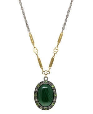 image of T.r.u. by 1928 Silver Tone Genuine Green Malachite Oval Stone Necklace