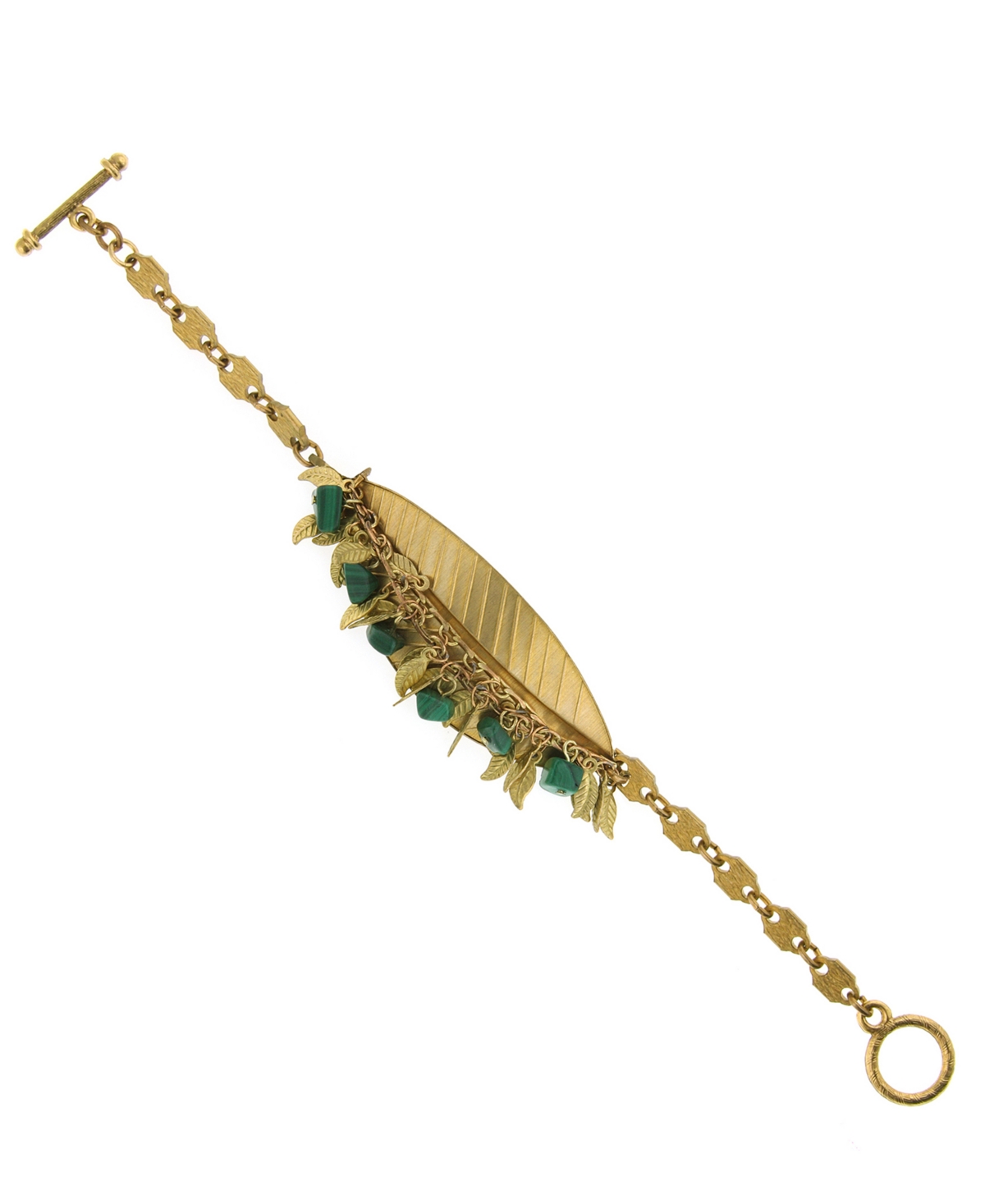 1928 T.r.u. By  Gold Tone Leaf Toggle Bracelet Accented With Semi-precious Malachite Chips In Green