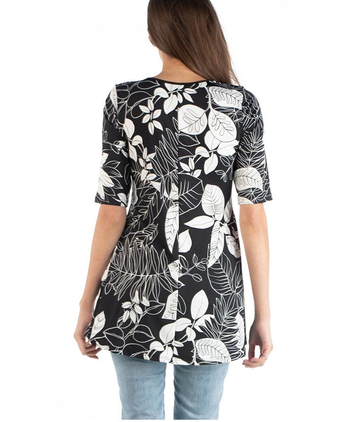 24seven Comfort Apparel Botanical Print Elbow Sleeve Swing Top Macy's