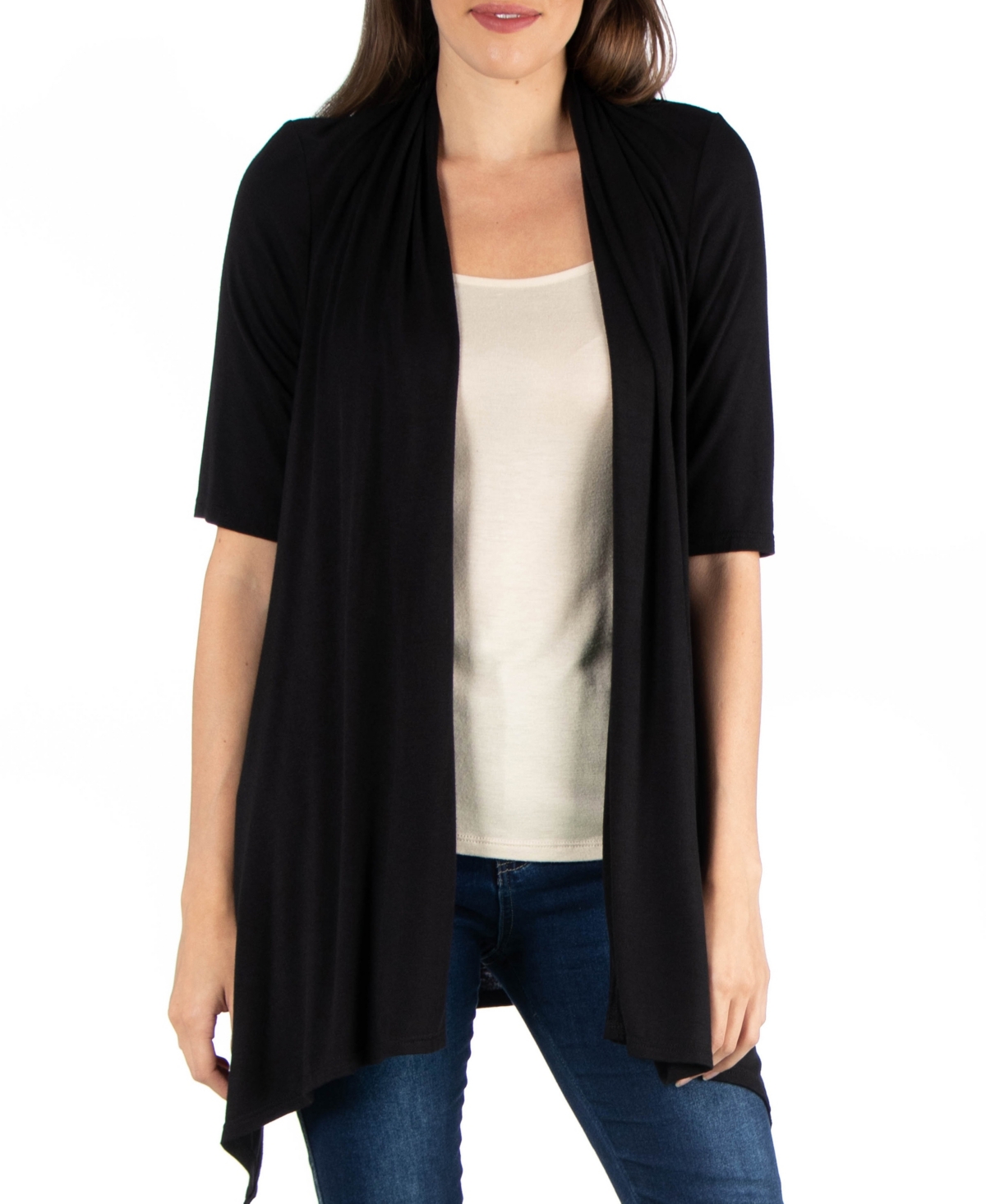 Loose Fit Open Front Cardigan with Half Sleeve - Black