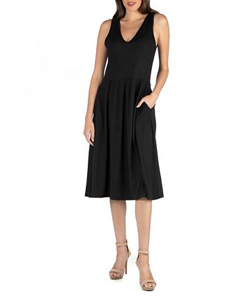 24seven Comfort Apparel Fit and Flare Midi Sleeveless Dress with Pocket ...
