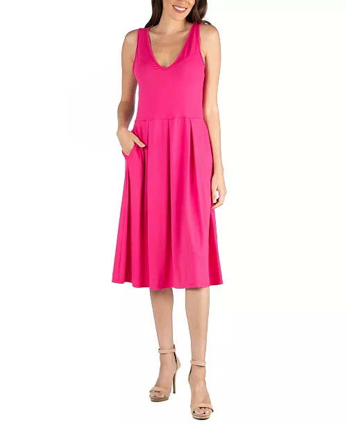 fit and flare midi sleeveless dress with pocket detail
