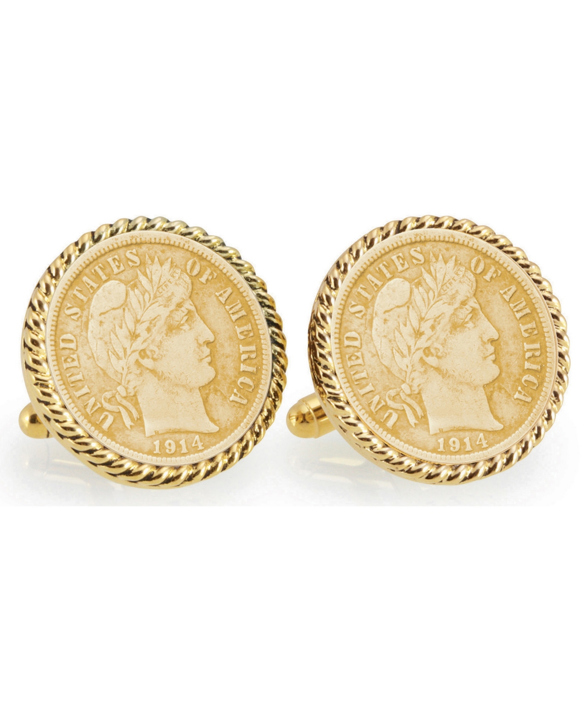 Gold-Layered Silver Barber Dime Rope Bezel Coin Cuff Links - Gold