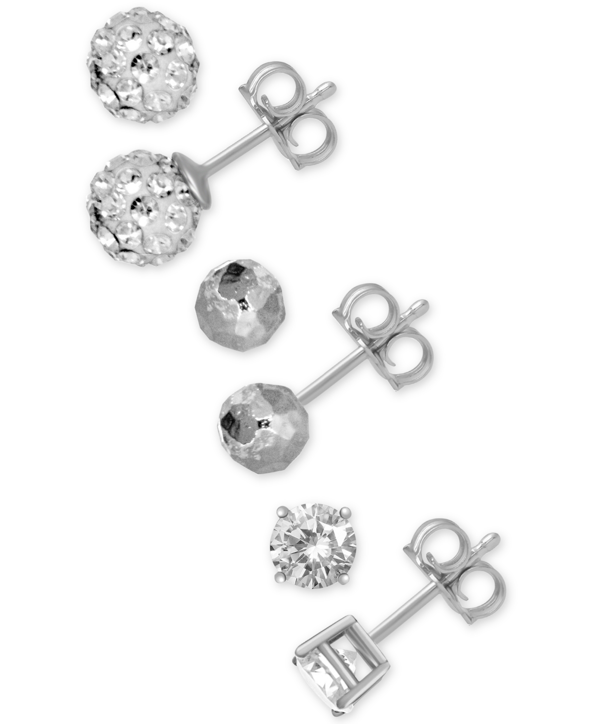 3-Pc. Set Cubic Zirconia, Hammered-Look and Crystal Ball Stud Earrings in Silver-Plate - Silver