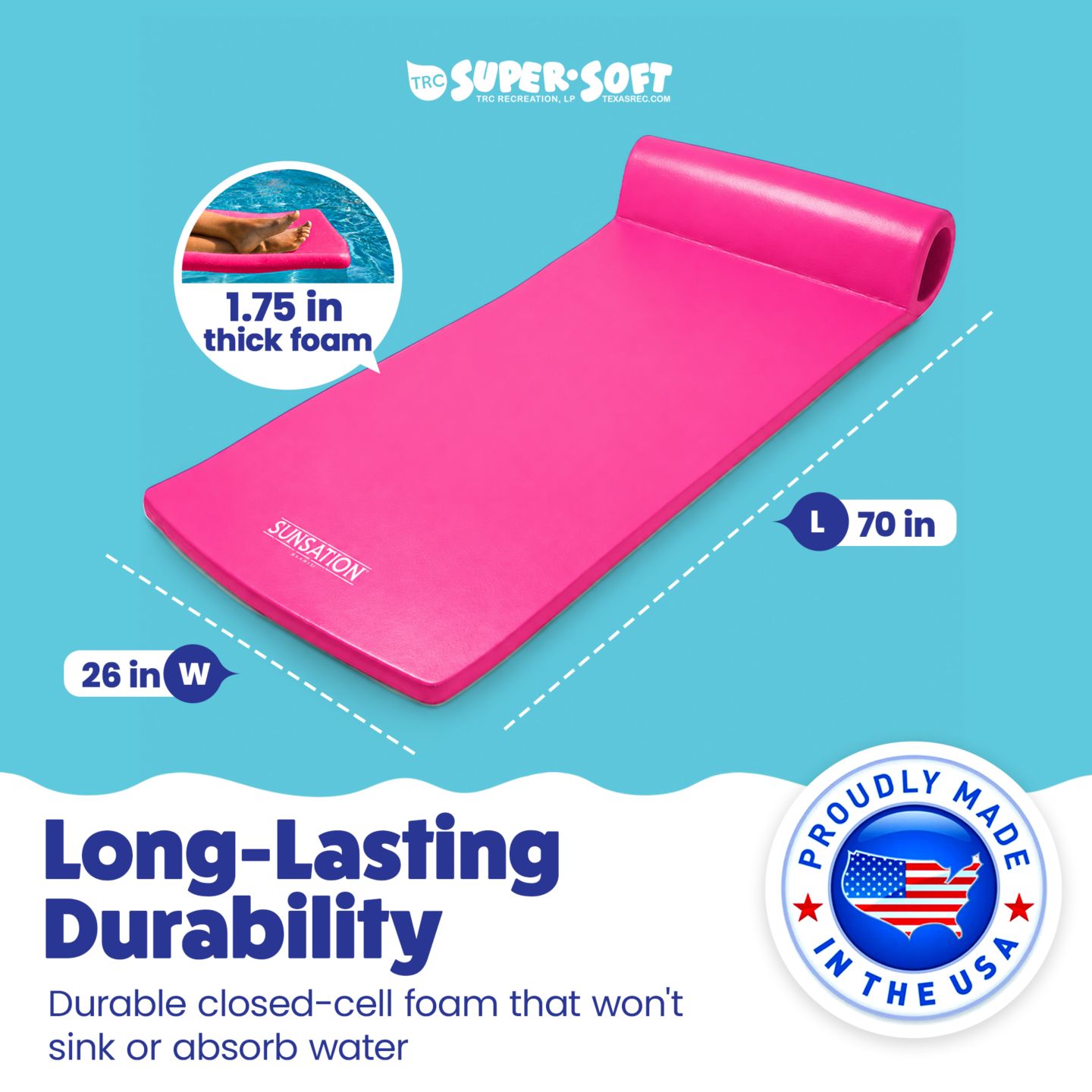 Детская игрушка TRC Recreation Sunsation 1.75" Thick Foam Lounger Raft Pool Float, Flamingo Pink — фото 9