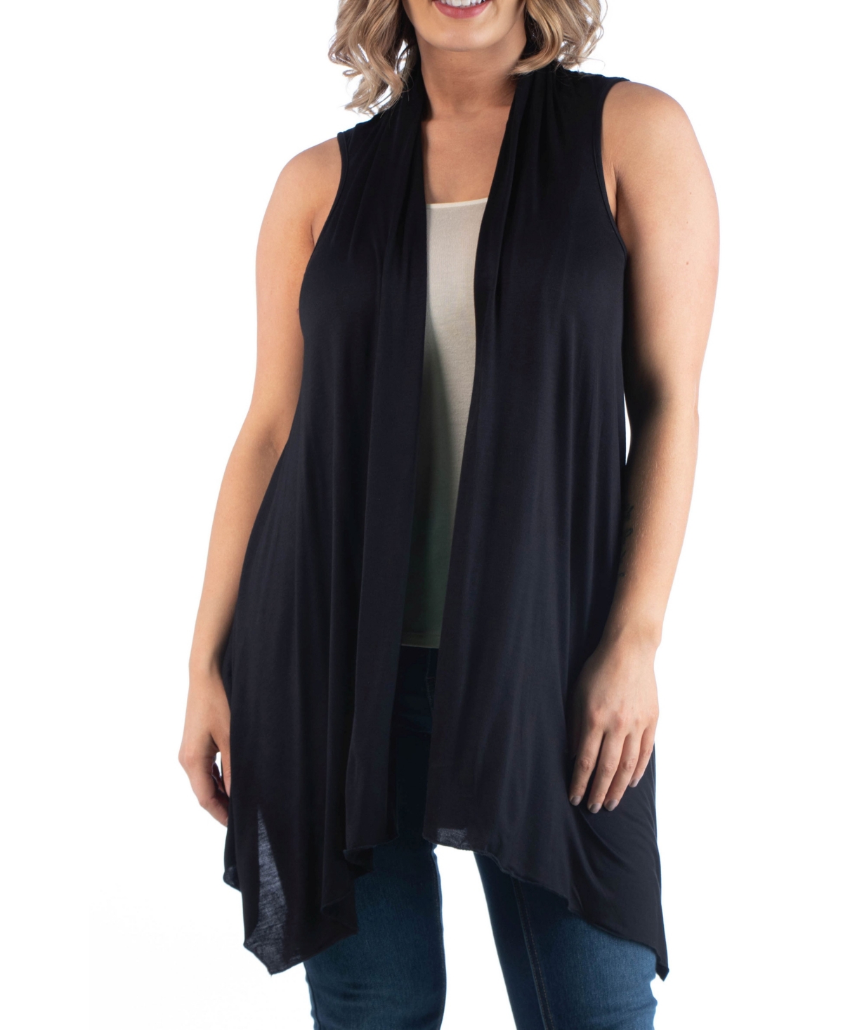 24seven Comfort Apparel Plus Size Asymmetric Open Front Cardigan Sweater