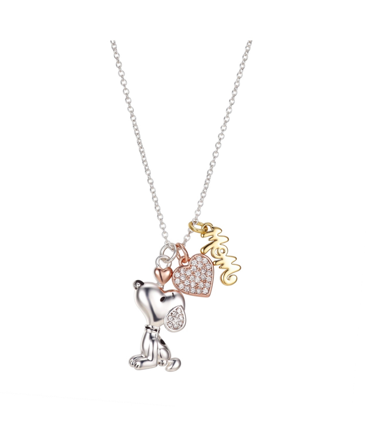 Gold Flash Plated "Mom" Snoopy and Cubic Zirconia Heart Necklace, 16"+2" Extender - Silver