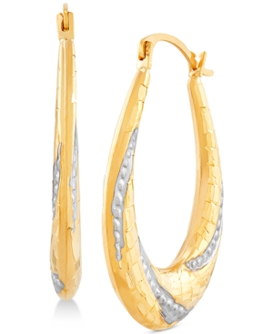 image of Two-Tone Beaded Oval Hoop Earrings in 14k Gold & White Rhodium-Plate