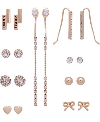 Gold-Tone 9-Pc. Set Crystal Heart & Bow Earrings