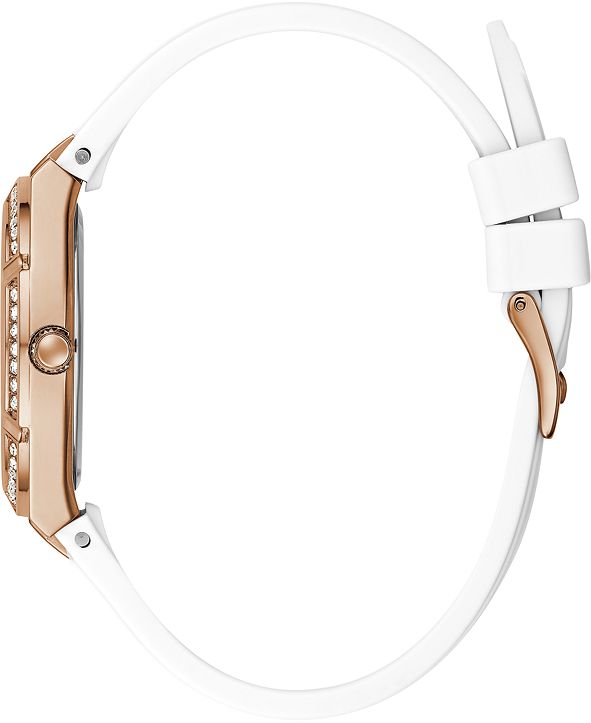Guess Confetti Crystal Rose Gold Dial White Silicone Strap Watch For Women - W1098L5