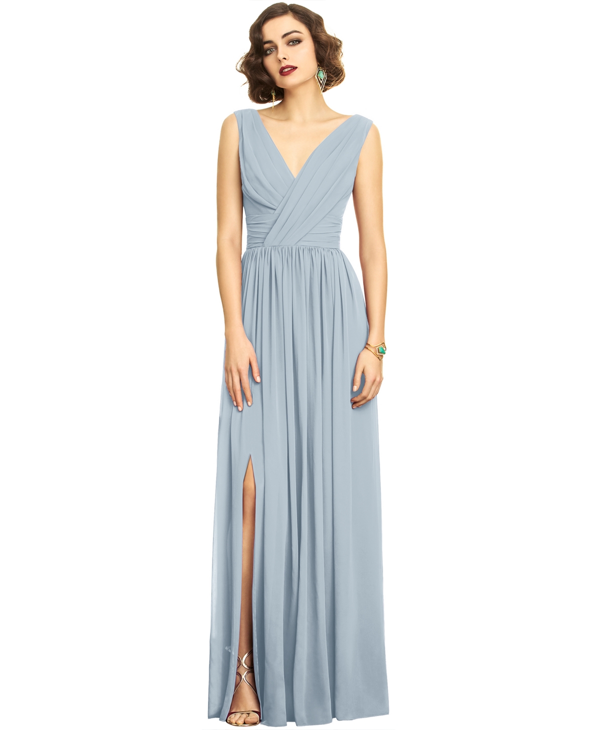 Vintage Evening Dresses, Vintage Formal Dresses Dessy Collection Shirred Chiffon Gown - Mist Blue $273.00 AT vintagedancer.com