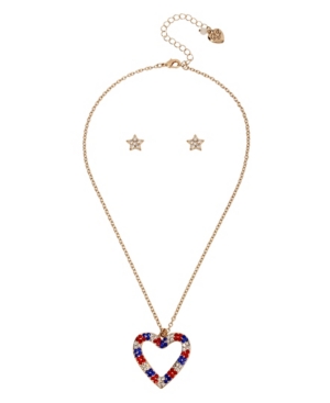 image of Betsey Johnson Heart Pendant Stud Earrings Set in Gold-tone Metal, Necklace 16