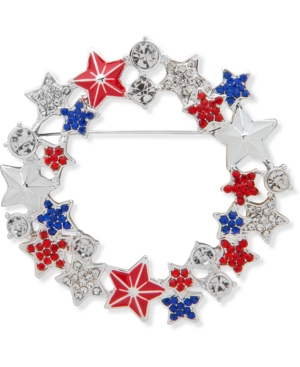 image of Anne Klein Silver-Tone Pave Star Red, White & Blue Wreath Pin, Created for Macy-s