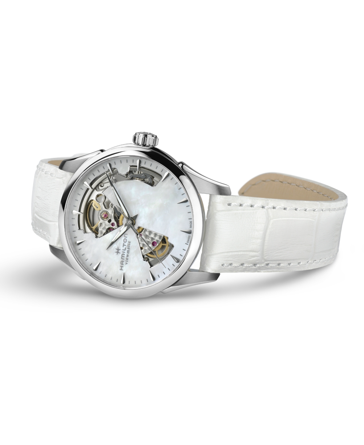 Hamilton Women's Swiss Automatic Jazzmaster Open Heart White Leather Strap Watch 36mm