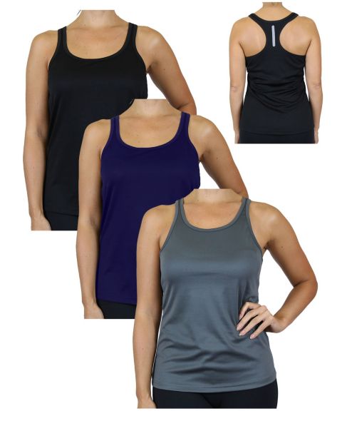 Женские топы Galaxy By Harvic Moisture Wicking Racerback, Pack of 3, цвет: Чёрный тёмно-синий угольный