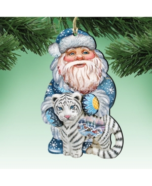 Designocracy White Tiger Santa Wooden Christmas Ornament Set of 2