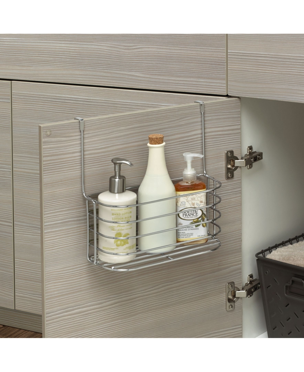 Spectrum Duo Over The Cabinet Towel Bar Basket, Medium In Chrome