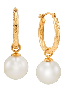 image of Cultured Freshwater Pearl (9mm) Dangle Small Hoop Earrings in 10k Gold