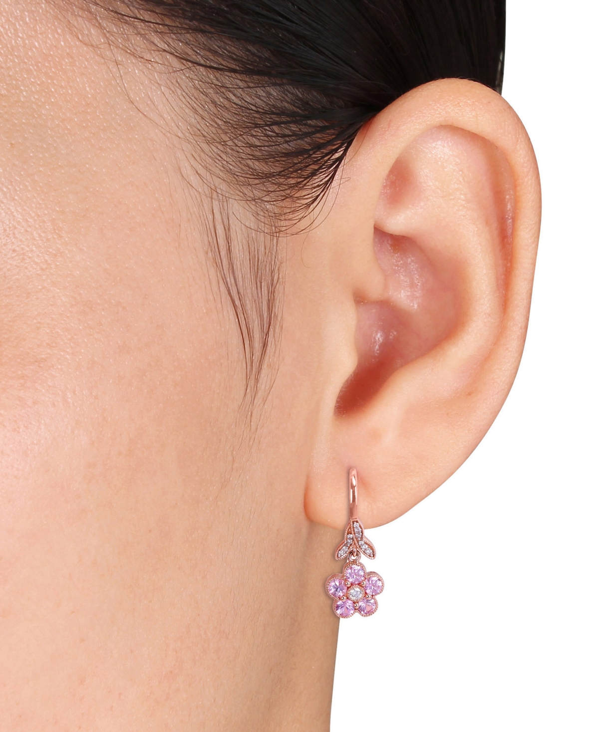 (1-1/4 ct. t.w.) & Diamond (1/7 ct. t.w.) Flower Drop Earrings in 10k Rose Gold - Pink Sapphire