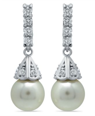 Macy's - Imitation Pearl Cubic Zirconia Vintage Pyramid Style Drop Earrings Crafted in Fine Silver Plate