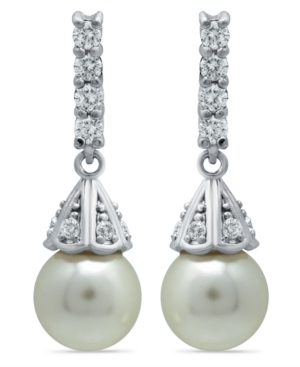 image of Imitation Pearl Cubic Zirconia Vintage Pyramid Style Drop Earrings Crafted in Fine Silver Plate
