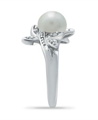 Imitation Pearl Cubic Zirconia Dragonfly Ring in Silver Plate
