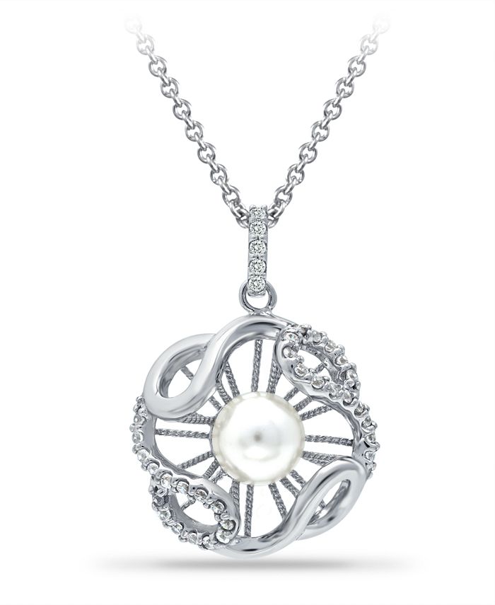 Macy's - Imitation Pearl and Cubic Zirconia Crystal Halo Pendant Fine Silver Plate 18"