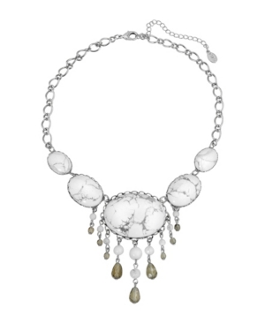 image of 2028 Silver-Tone Semi Precious Oval Stones with Bead Drops Necklace